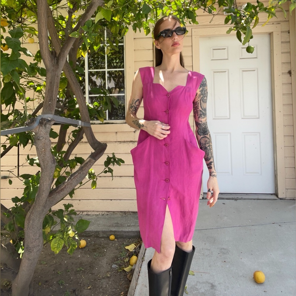 Dior - Vintage Linen Fuchsia Sleeveless Midi Sundress